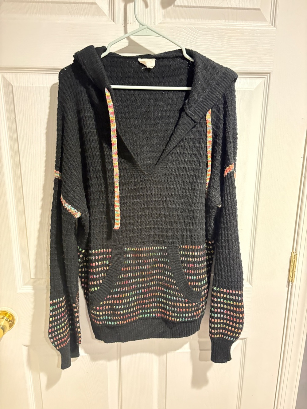 BiBi Black Hooded Waffle Knit Sweater with Multicolor Accents